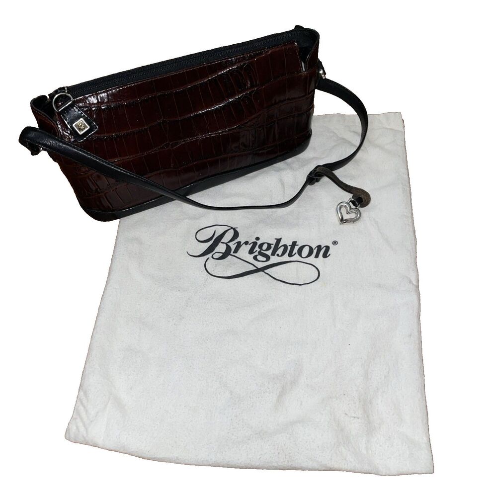 Brighton Vintage Croc Embossed Leather Shoulder Bag Brown Black Trapezoid Purse